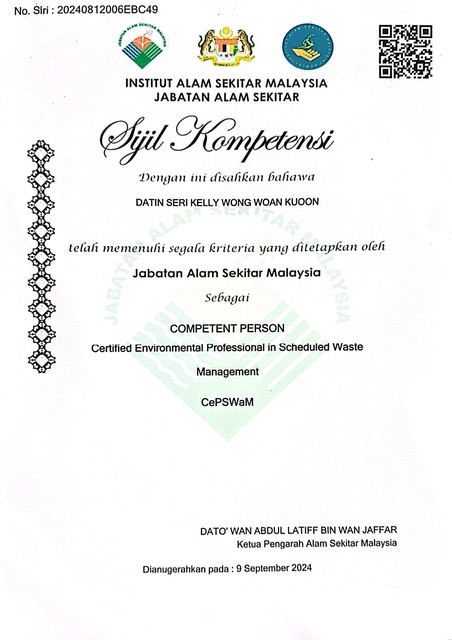 Certificate of competency in scheduled waste management from the Department of Environment Malaysia