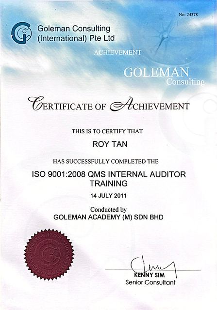 Certificate of achievement for ISO 9001 quality management system internal auditor training
