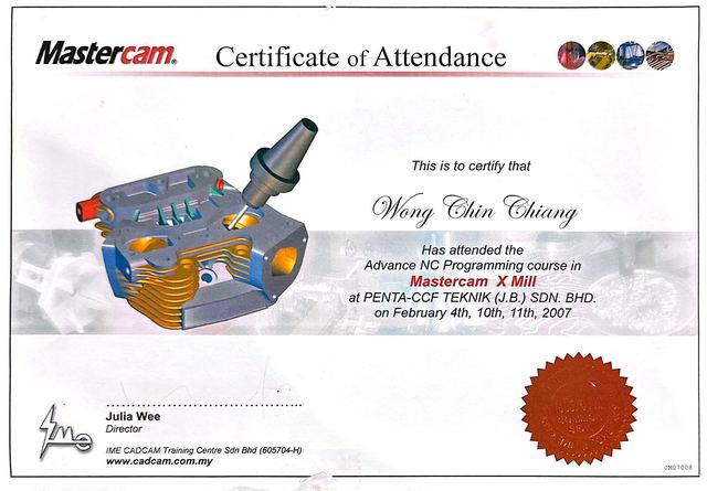 Mastercam certificate of attendance for the advanced NC programming course in Mastercam X Mill