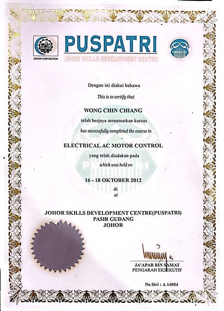Course certificate from PUSPATRI, the Johor Skills Development Centre