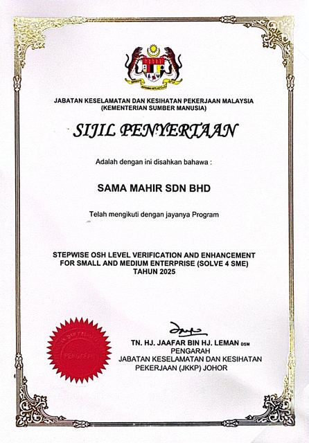 Certificate of participation in SOLVE 4 SME 2025 from JKKP Malaysia, awarded to Sama Mahir Sdn Bhd