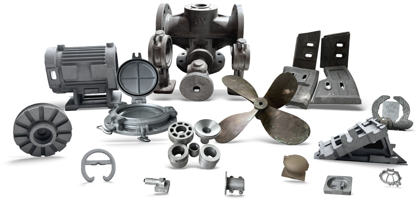 A display of castings made by Sama Mahir: a flanged valve body with two pipe hangers, a ship's porthole with its cover open, a bronze propeller, an electric motor housing, cast iron wear plates, a ribbed wheel, a machine base, machined aluminium sleeves and bushes, an aluminium handle, and smaller pieces including a crest for the Singapore Police Force and a lamp guard
